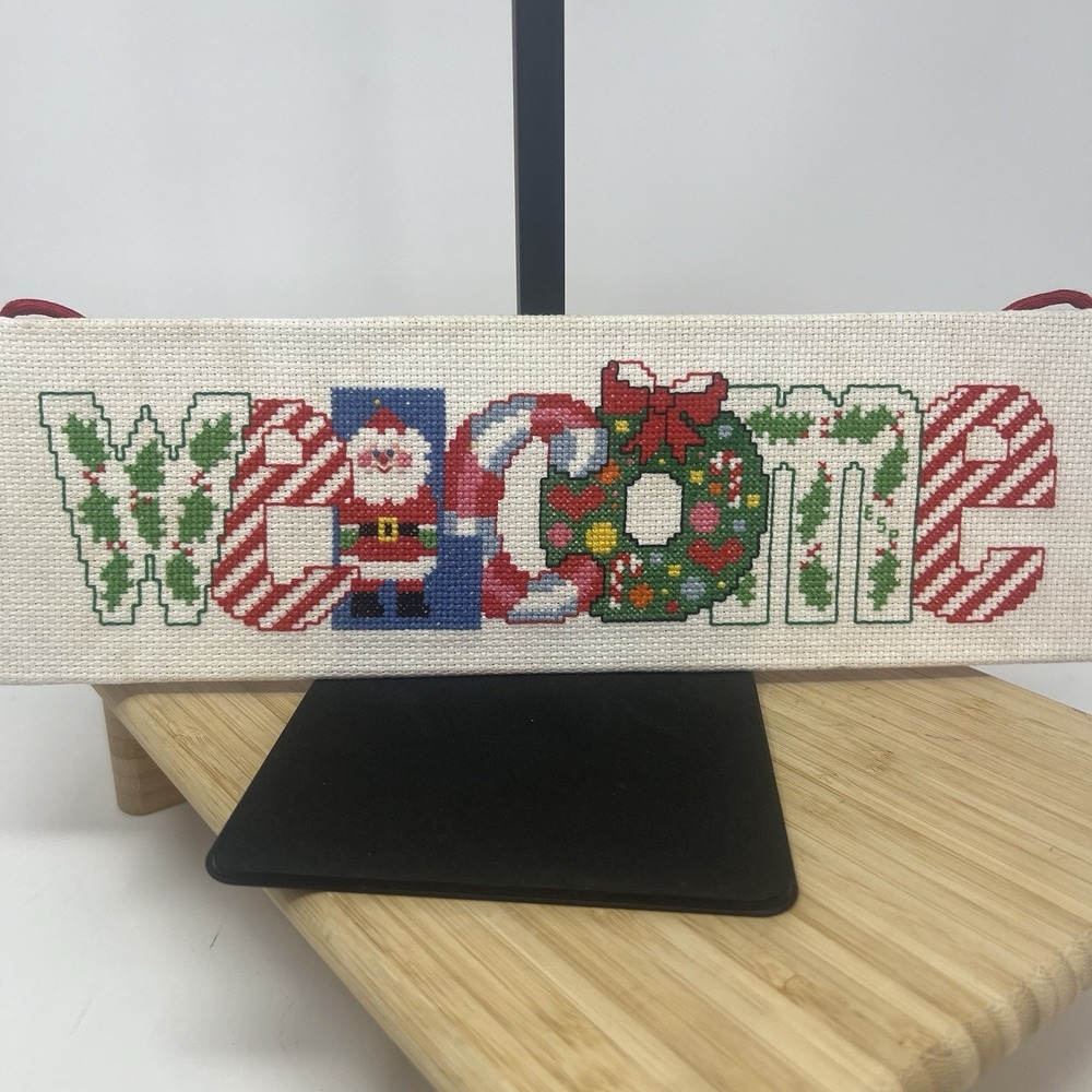 Cross Stitch Christmas Santa Hanging Welcome Sign   13" x 4" Wreath Holly